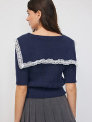 Knit Collar Short Sleeve Lace Top