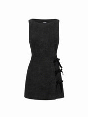 Tweed Round Neckline Bowknot Zipper Mini Dress