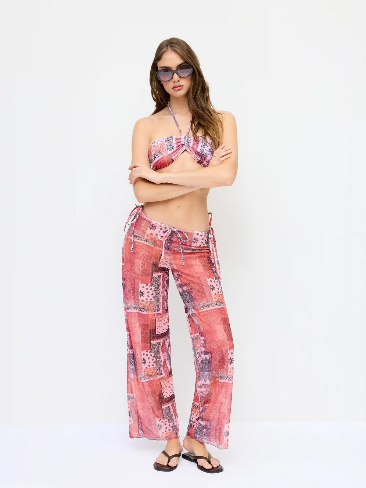 Halter Neckline Paisley Beaded Tie Side Bandeau Bikini Set With Cover Up Pants