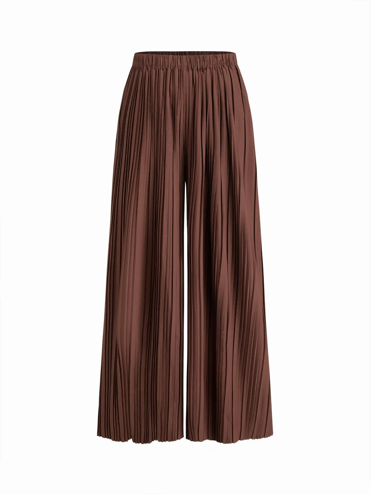 Mid Rise Elastic Waist Pleated Wide Leg Trousers