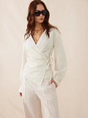 Linen-blend Stripes Asymmetrical Wrap Ruched Knotted Shirt