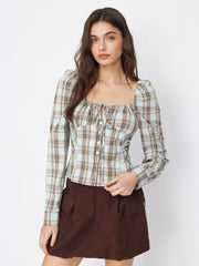 U-neckline Plaid Cinched Waist Ruched Knotted Long Sleeve Blouse