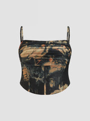Mesh Graphic Ruched Corset Crop Cami Top Curve & Plus