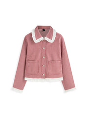Denim Ruffle Striped Contrasting Binding Collar Jacket