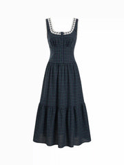 Cotton-blend Plaid Square Neck Lace Trim Tiered Maxi Dress