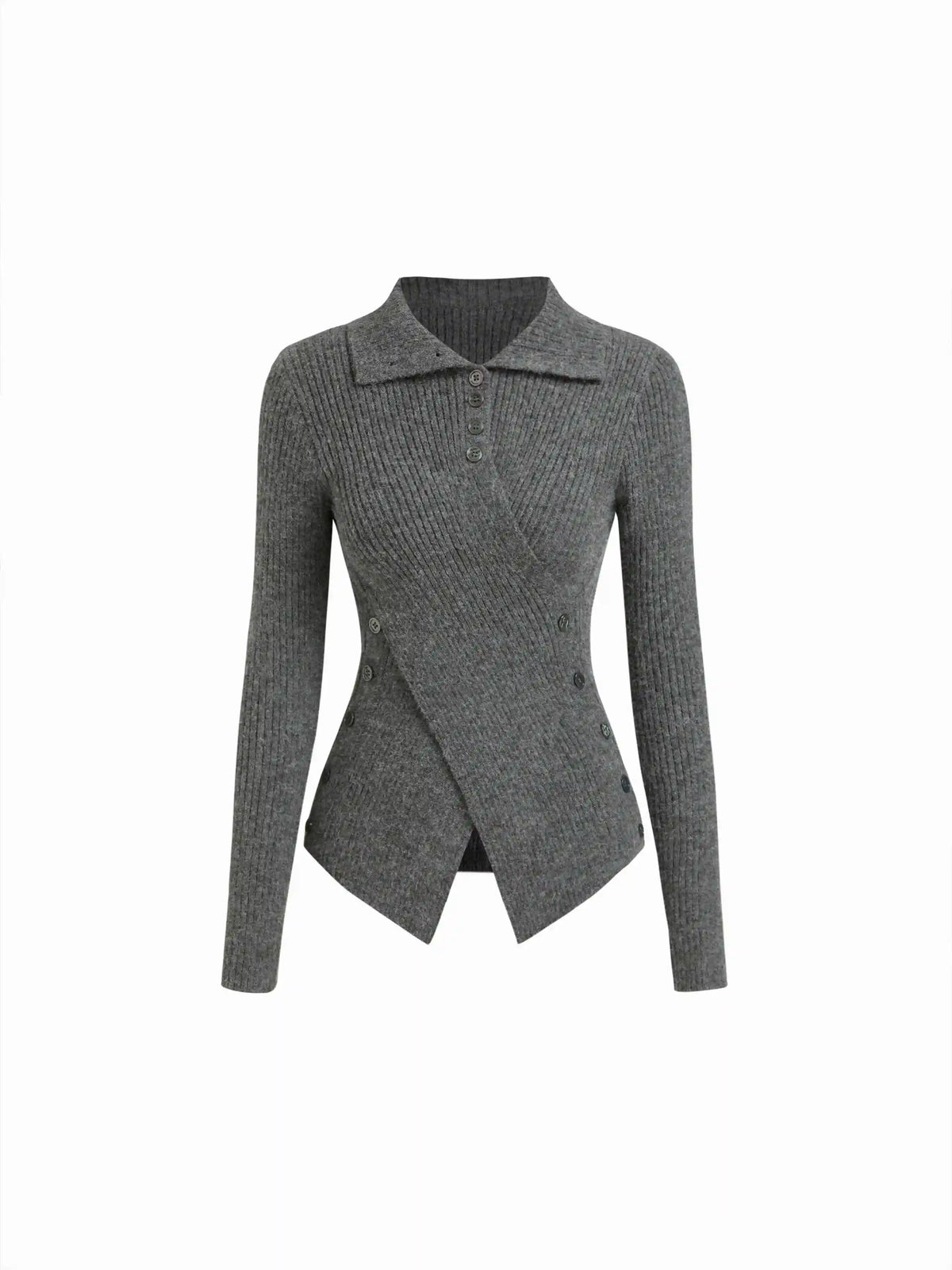 Knit Stand Collar Long Sleeve Wrap Split Button Top
