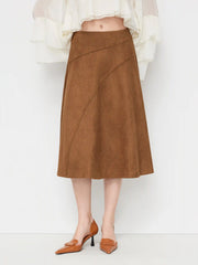 Suede Mid Rise Elastic Waist A-line Maxi Skirt