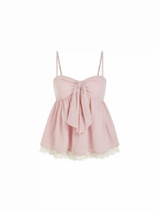 Sweetheart Neck Bowknot Lace Trim  Longline Oversized Cami Blouse