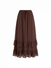 Chiffon Mid Rise Drawstring Ruffled Tiered Maxi Skirt