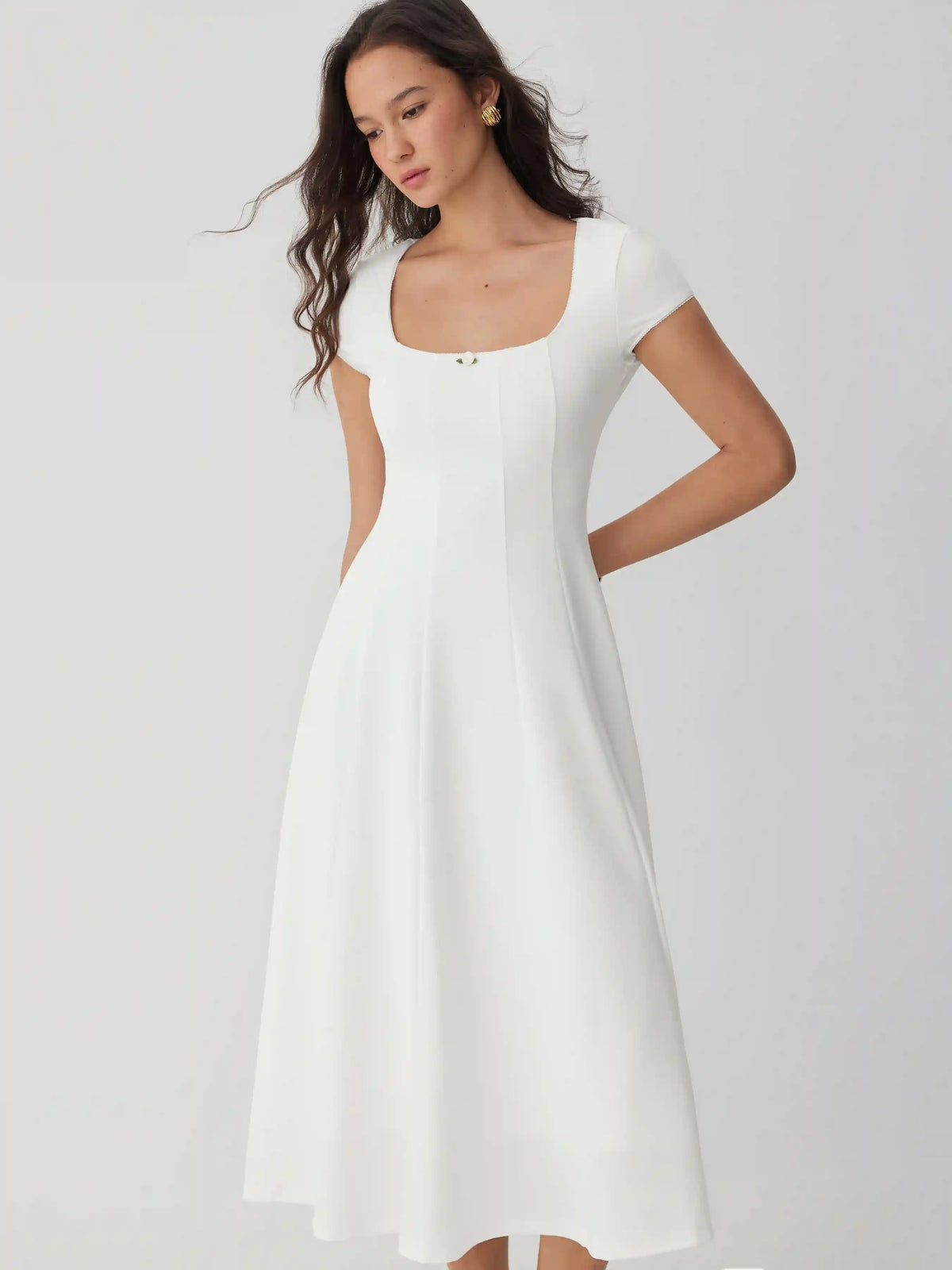 Scoop Neck Short Sleeve Rosette Flared Maxi Dress