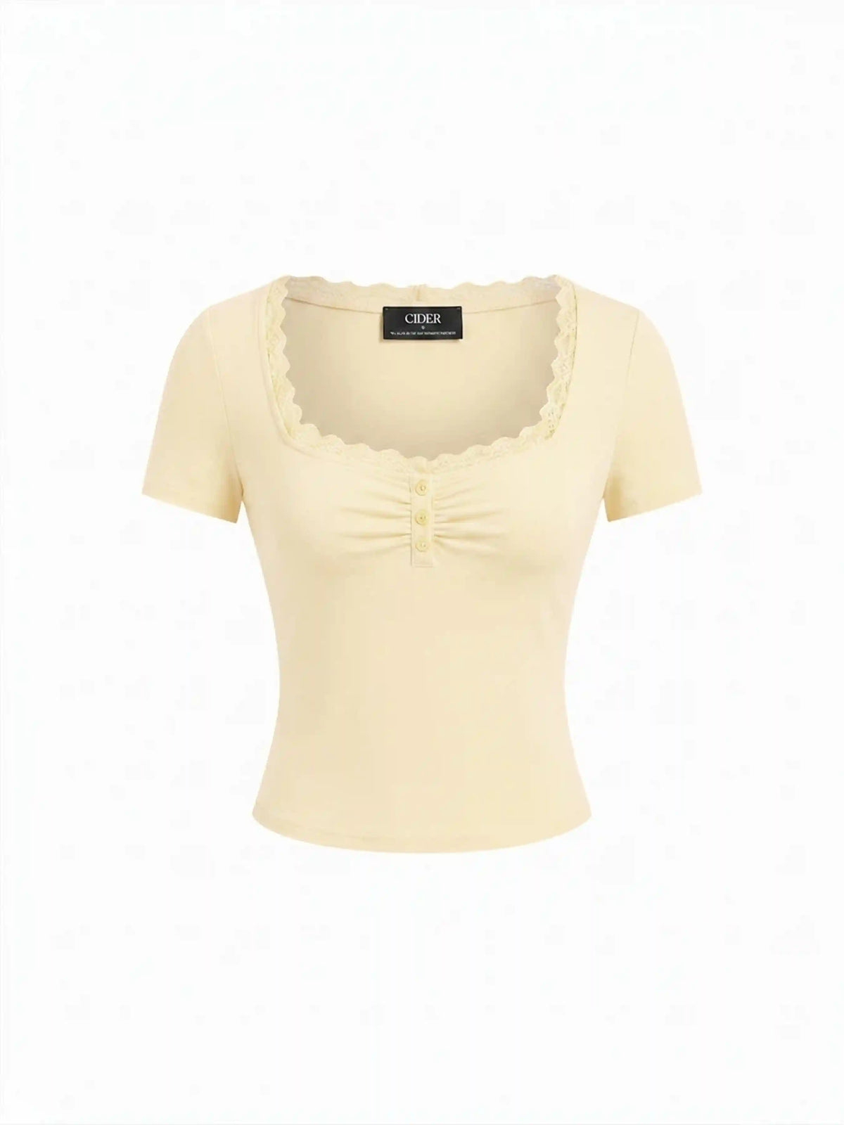 Square Neck Lace Trim Ruched Front Button Tee