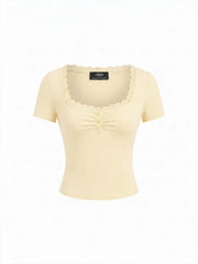 Square Neck Lace Trim Ruched Front Button Tee