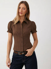 Cotton-blend Collar Puff Sleeve Ruched Blouse