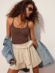Linen-blend Colorblock Scoop Neck Mid Rise Belted Romper