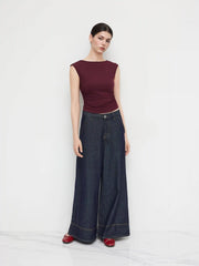 Boat Neck Solid Ruched Tank Top