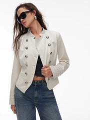 Napoleon Cotton-blend Stand Collar Double Breasted Jacket With Metal Detail