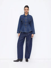 Denim Collar Long Sleeve Cinched Waist Ruffle Hem Button Jacket