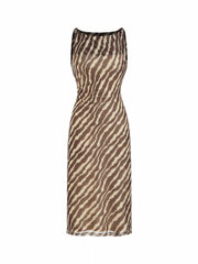 Zebra Stripe Mesh Boat Neck Twist Ruched Midi Dress