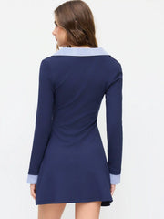 Cotton Collar Long Sleeve Two Tone Striped Mini Dress