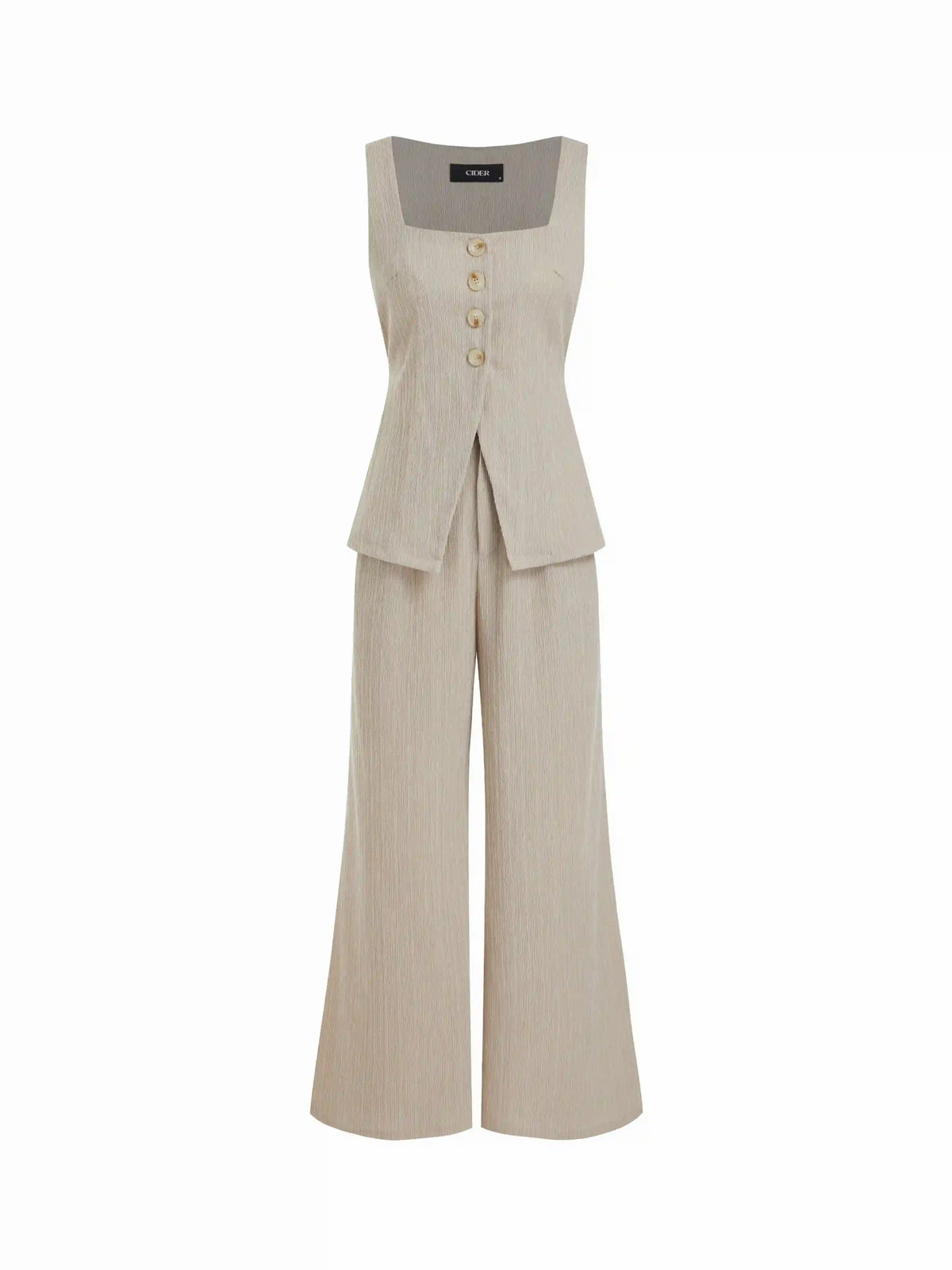 Textured Square Neck Mid Rise Button Wide Leg Jumpsuit