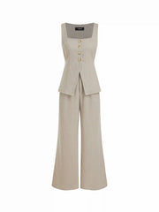 Textured Square Neck Mid Rise Button Wide Leg Jumpsuit
