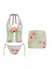 Halter Neckline Floral Tie Side Flower Detail Bikini Set With Cover Up Skirt