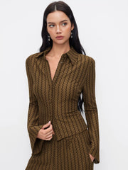 Abstract Graphic Collar Bell Sleeve Shirt & Mid Rise Wide Leg Trousers Set
