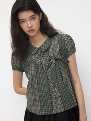 Cotton-blend Peter Pan Collar Check Bowknot Oversized Blouse