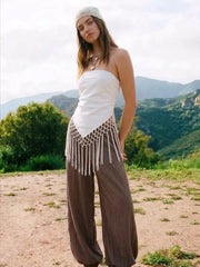 Cotton-blend Fringe Hem Asymmetrical Wrap Top